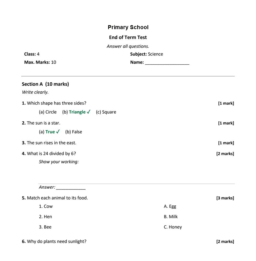 A school science exam paper with a branded header, numbered questions and marks.