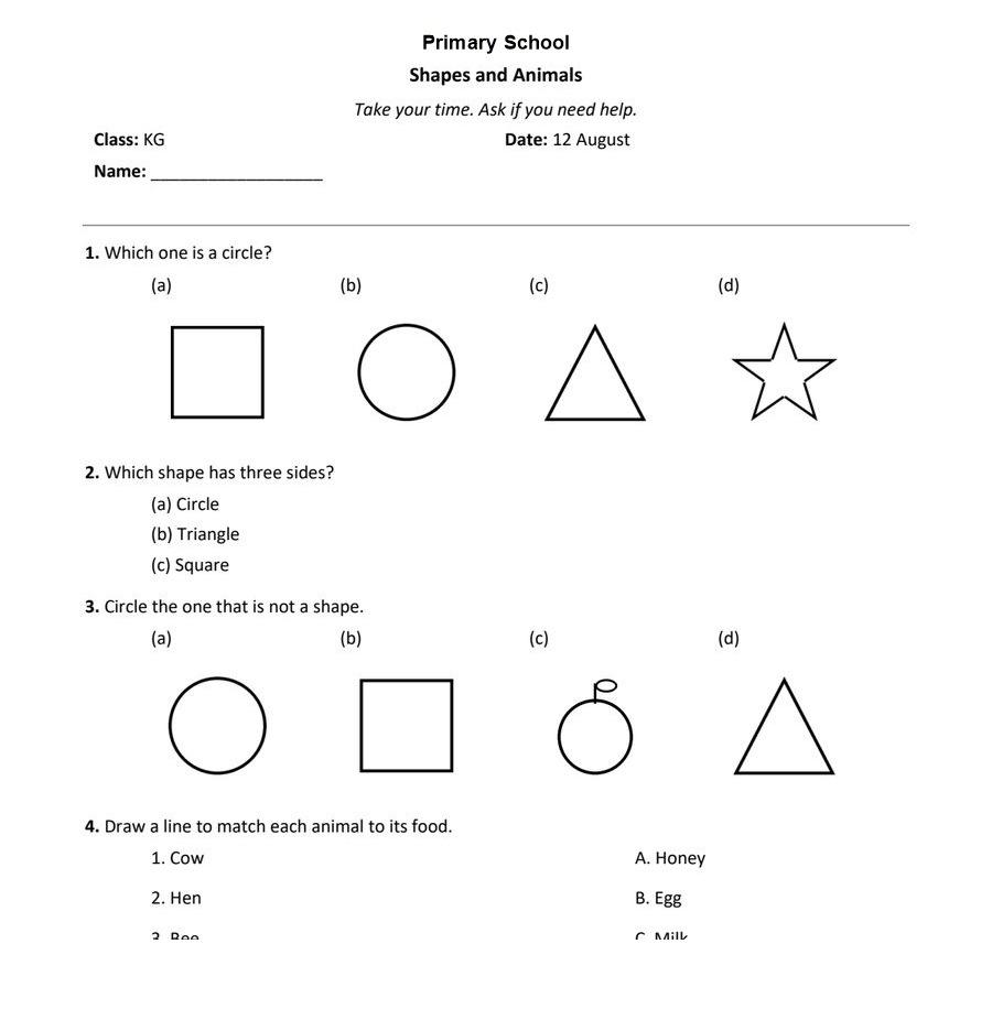A kindergarten worksheet containing large shapes, picture choices and matching.